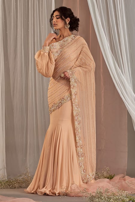 Nidhika Shekhar_Pink Silk, Georgette Cutdana Work, Mermaid Cut Pre-draped Saree With Blouse _Online_at_Aza_Fashions