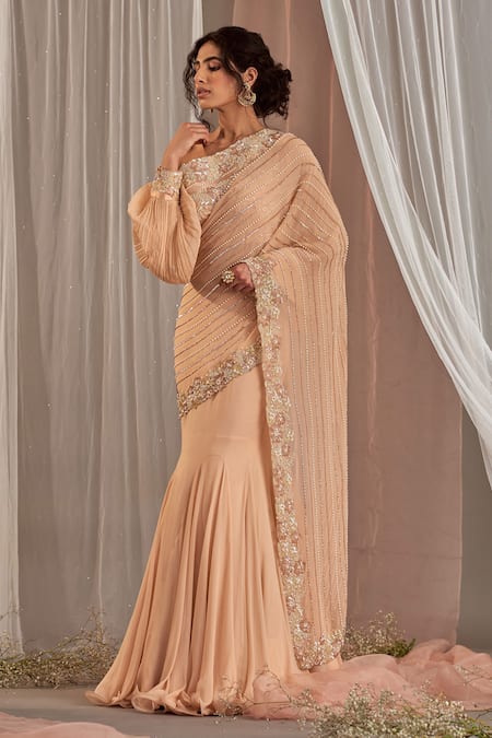Buy_Nidhika Shekhar_Pink Silk, Georgette Cutdana Work, Mermaid Cut Pre-draped Saree With Blouse _Online_at_Aza_Fashions