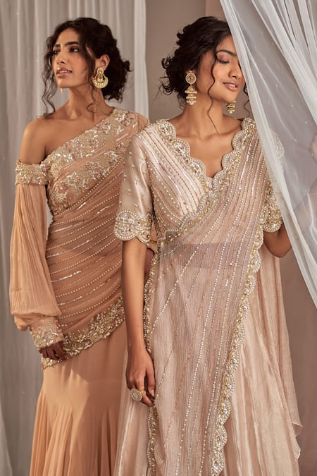 Shop_Nidhika Shekhar_Pink Silk, Georgette Cutdana Work, Mermaid Cut Pre-draped Saree With Blouse _Online_at_Aza_Fashions
