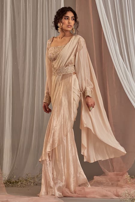 Nidhika Shekhar_Pink , Crepe, Organza Tissue, Ruffle Pre-draped Saree With Blouse _Online_at_Aza_Fashions