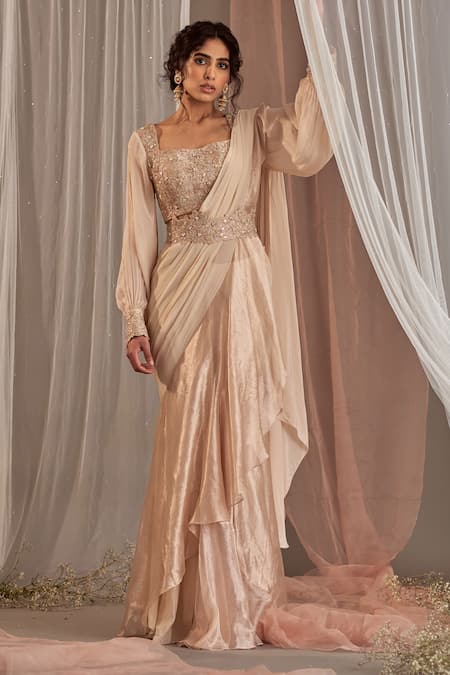 Buy_Nidhika Shekhar_Pink , Crepe, Organza Tissue, Ruffle Pre-draped Saree With Blouse _Online_at_Aza_Fashions