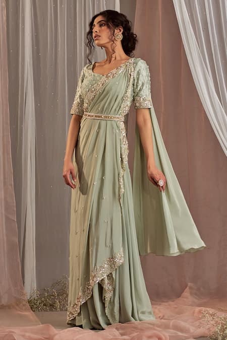 NIDHIKA SHEKHAR_Green Silk, Crepe Cutdana Work, Pearl Embroidered Pre-draped Saree With Blouse _Online_at_Aza_Fashions