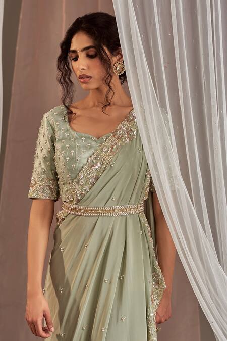 Buy_NIDHIKA SHEKHAR_Green Silk, Crepe Cutdana Work, Pearl Embroidered Pre-draped Saree With Blouse _Online_at_Aza_Fashions