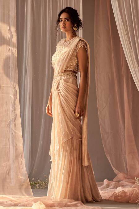 Nidhika Shekhar_Pink Organza, Georgette, Satin, Crinkle Embroidered Blouse Pre-draped Saree Set _Online_at_Aza_Fashions