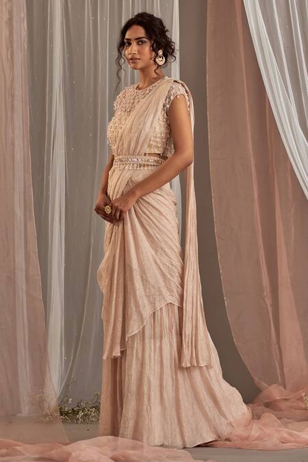 Buy_Nidhika Shekhar_Pink Organza, Georgette, Satin, Crinkle Embroidered Blouse Pre-draped Saree Set _Online_at_Aza_Fashions