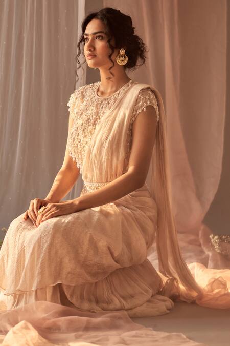 Shop_Nidhika Shekhar_Pink Organza, Georgette, Satin, Crinkle Embroidered Blouse Pre-draped Saree Set _Online_at_Aza_Fashions