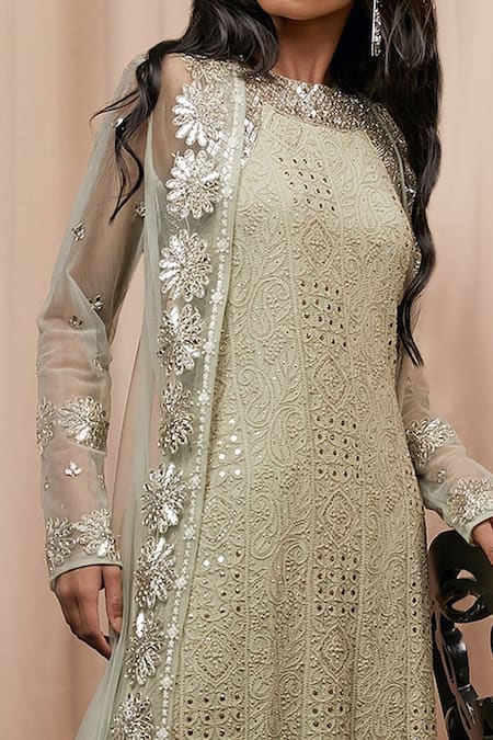 Nandita Thirani_Silver Net, Georgette, Dupion Silk Round Embroidered Kurta And Palazzo Set _Online_at_Aza_Fashions