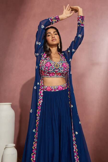 Aneesh Agarwaal_Blue Soft Organza Floral Blouse Scoop Neck, Embroidered And Pleated Skirt Set _Online_at_Aza_Fashions