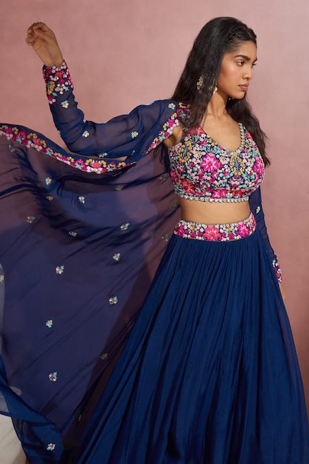 Buy_Aneesh Agarwaal_Blue Soft Organza Floral Blouse Scoop Neck, Embroidered And Pleated Skirt Set _Online_at_Aza_Fashions