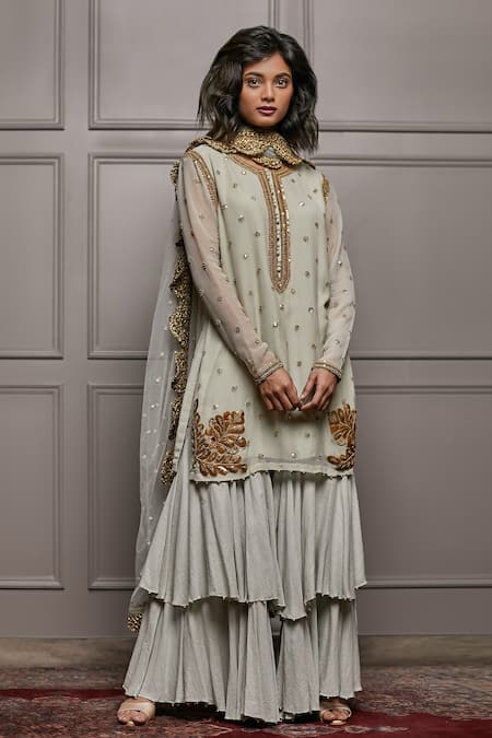 Nandita Thirani Green Chiffon Round Embroidered Kurta And Sharara Set  