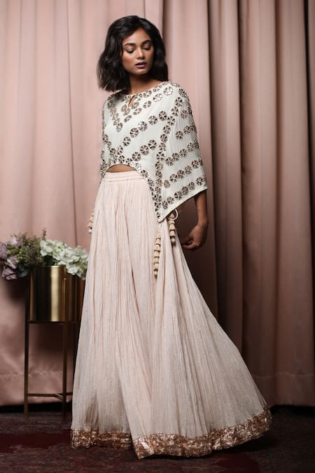 Shop Nandita Thirani White Georgette, Mulmul Round Embroidered Kaftan Top And Lehenga Set at Aza Fashions Shop_Nandita Thirani_White Georgette, Mulmul Round Embroidered Kaftan Top And Lehenga Set _at_Aza_Fashions