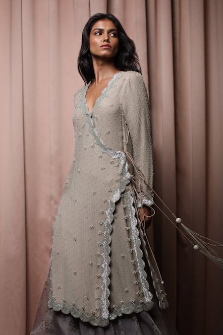 Shop Nandita Thirani Brown Organza, Chiffon V Neck Embroidered Angarkha Kurta And Sharara Set at Aza Fashions Shop_Nandita Thirani_Brown Organza, Chiffon V Neck Embroidered Angarkha Kurta And Sharara Set _at_Aza_Fashions