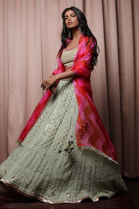Shop Nandita Thirani Green Organza, Georgette Round Embroidered Bridal Lehenga Set at Aza Fashions Shop_Nandita Thirani_Green Organza, Georgette Round Embroidered Bridal Lehenga Set _at_Aza_Fashions