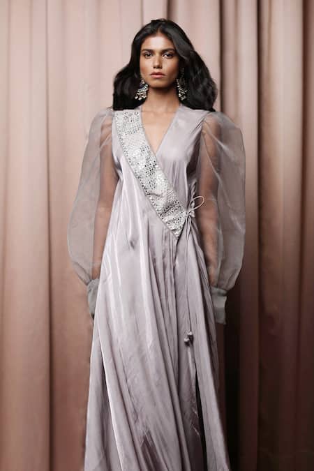 Shop Nandita Thirani Silver Organza, Satin, Polyester V Neck Embellished Gown at Aza Fashions Shop_Nandita Thirani_Silver Organza, Satin, Polyester V Neck Embellished Gown _at_Aza_Fashions