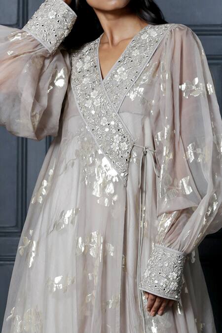Nandita Thirani_Silver Organza, Crepe V Neck Jumpsuit With Cape _Online_at_Aza_Fashions