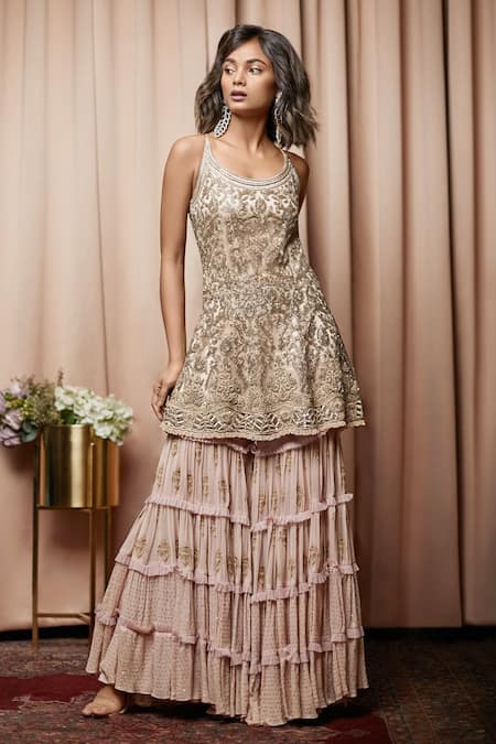 Nandita Thirani Pink Net, Chiffon Round Embroidered Kurta And Sharara Set 