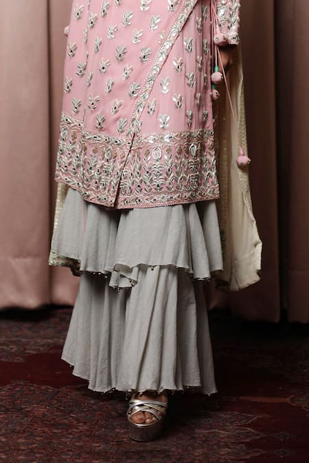 Shop_Nandita Thirani_Green Chiffon, Georgette, Poplin V Neck Embroidered Angarkha Kurta Set _Online_at_Aza_Fashions