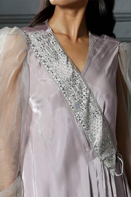 Shop Nandita Thirani Grey , Satin V Neck Angarkha Kurta at Aza Fashions Shop_Nandita Thirani_Grey , Satin V Neck Angarkha Kurta _at_Aza_Fashions