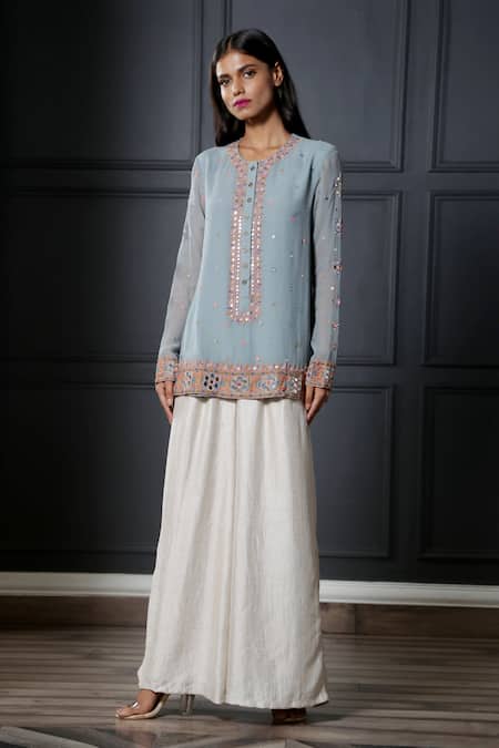 Nandita Thirani Blue Crepe, Chiffon Round Embroidered Kurta And Palazzo Set 