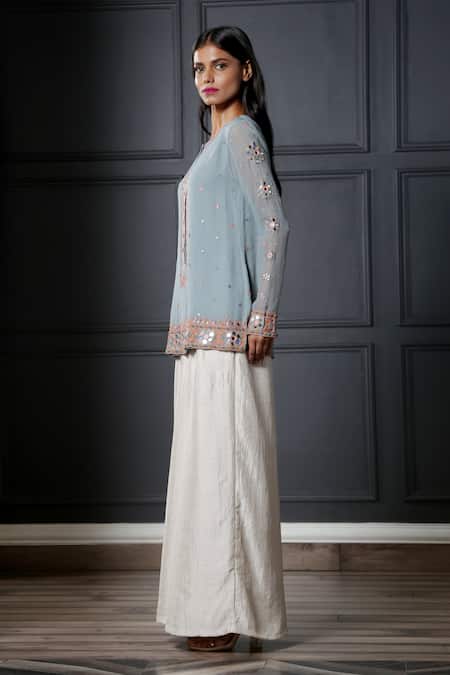 Shop Nandita Thirani Blue Crepe, Chiffon Round Embroidered Kurta And Palazzo Set at Aza Fashions Shop_Nandita Thirani_Blue Crepe, Chiffon Round Embroidered Kurta And Palazzo Set _at_Aza_Fashions