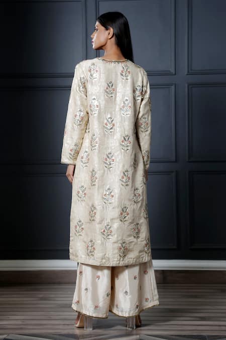 Shop Nandita Thirani Beige Brocade Round Kurta And Palazzo Set at Aza Fashions Shop_Nandita Thirani_Beige Brocade Round Kurta And Palazzo Set _at_Aza_Fashions