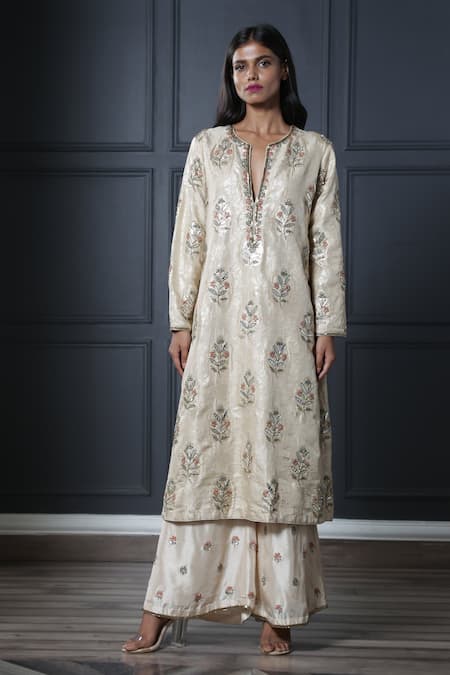 Nandita Thirani Beige Brocade Round Kurta And Palazzo Set Online at Aza Fashions Nandita Thirani_Beige Brocade Round Kurta And Palazzo Set _Online_at_Aza_Fashions