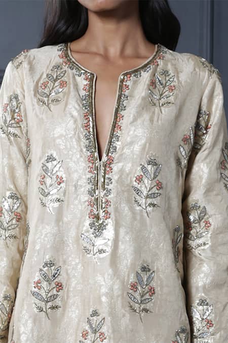Buy Nandita Thirani Beige Brocade Round Kurta And Palazzo Set Online at Aza Fashions Buy_Nandita Thirani_Beige Brocade Round Kurta And Palazzo Set _Online_at_Aza_Fashions