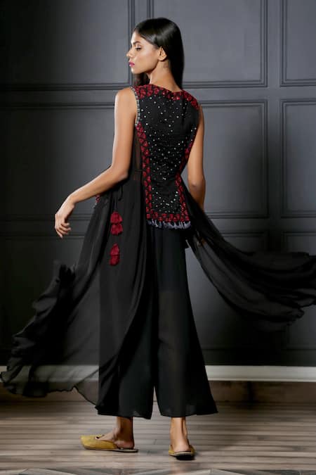 Shop Nandita Thirani Black Satin, Silk Muslin Round Asymmetric Kurta And Palazzo Set at Aza Fashions Shop_Nandita Thirani_Black Satin, Silk Muslin Round Asymmetric Kurta And Palazzo Set _at_Aza_Fashions