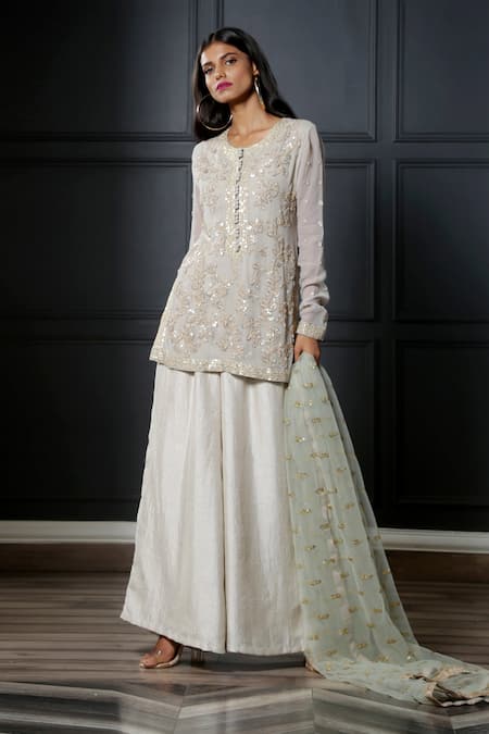 Nandita Thirani White Crepe, Chiffon, Georgette Round Embroidered Kurta And Palazzo Set 