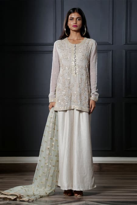 Nandita Thirani White Crepe, Chiffon, Georgette Round Embroidered Kurta And Palazzo Set Online at Aza Fashions Nandita Thirani_White Crepe, Chiffon, Georgette Round Embroidered Kurta And Palazzo Set _Online_at_Aza_Fashions
