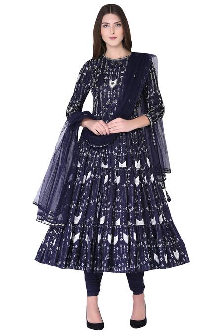 Buy Neha & Tarun Blue Reyon Satin Printed Geometric Round Tiered Anarkali Kurta Set Online at Aza Fashions Buy_Neha & Tarun_Blue Reyon Satin Printed Geometric Round Tiered Anarkali Kurta Set _Online_at_Aza_Fashions