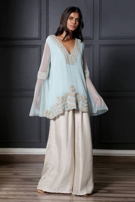 Nandita Thirani Blue Chiffon V Neck Embroidered Kurta And Palazzo Set  