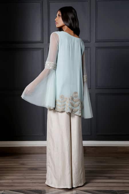 Shop Nandita Thirani Blue Chiffon, Satin V Neck Embroidered Kurta And Palazzo Set at Aza Fashions Shop_Nandita Thirani_Blue Chiffon, Satin V Neck Embroidered Kurta And Palazzo Set _at_Aza_Fashions