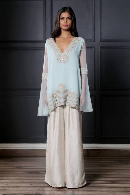 Nandita Thirani Blue Chiffon, Satin V Neck Embroidered Kurta And Palazzo Set Online at Aza Fashions Nandita Thirani_Blue Chiffon, Satin V Neck Embroidered Kurta And Palazzo Set _Online_at_Aza_Fashions