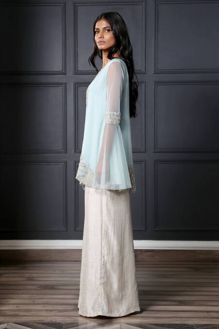 Buy Nandita Thirani Blue Chiffon, Satin V Neck Embroidered Kurta And Palazzo Set Online at Aza Fashions Buy_Nandita Thirani_Blue Chiffon, Satin V Neck Embroidered Kurta And Palazzo Set _Online_at_Aza_Fashions