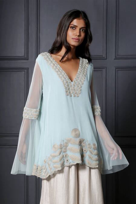 Shop Nandita Thirani Blue Chiffon, Satin V Neck Embroidered Kurta And Palazzo Set Online at Aza Fashions Shop_Nandita Thirani_Blue Chiffon, Satin V Neck Embroidered Kurta And Palazzo Set _Online_at_Aza_Fashions