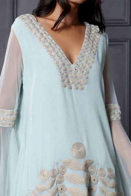 Nandita Thirani Blue Chiffon, Satin V Neck Embroidered Kurta And Palazzo Set at Aza Fashions Nandita Thirani_Blue Chiffon, Satin V Neck Embroidered Kurta And Palazzo Set _at_Aza_Fashions