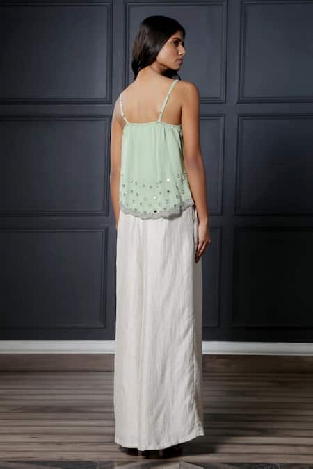 Shop Nandita Thirani White Georgette, Satin Square Neck Embroidered Top And Palazzo at Aza Fashions Shop_Nandita Thirani_White Georgette, Satin Square Neck Embroidered Top And Palazzo _at_Aza_Fashions