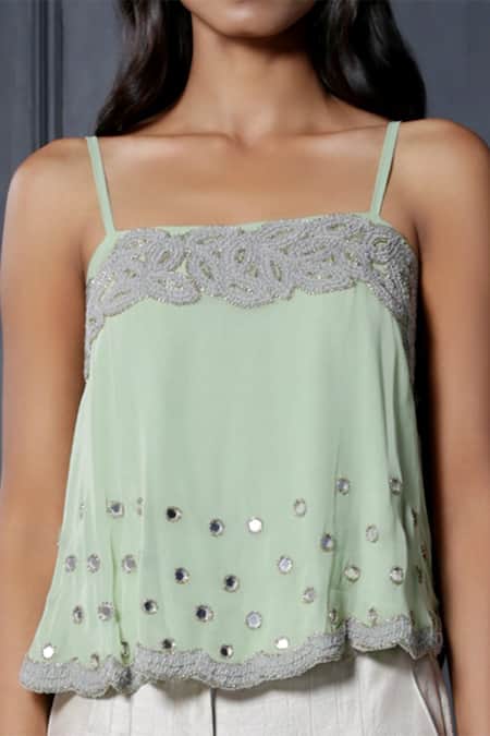 Shop Nandita Thirani White Georgette, Satin Square Neck Embroidered Top And Palazzo Online at Aza Fashions Shop_Nandita Thirani_White Georgette, Satin Square Neck Embroidered Top And Palazzo _Online_at_Aza_Fashions