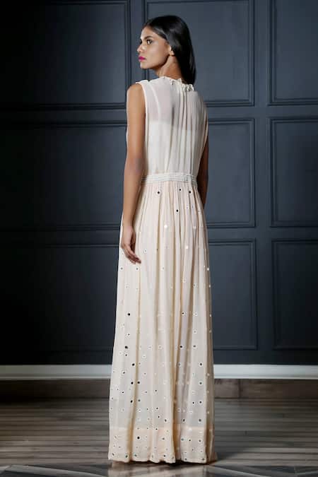 Shop Nandita Thirani White Georgette Jumpsuit Square Cape V Neck Draped With at Aza Fashions Shop_Nandita Thirani_White Georgette Jumpsuit Square Cape V Neck Draped With _at_Aza_Fashions