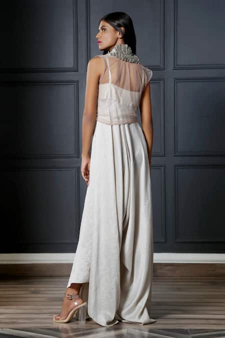 Shop Nandita Thirani White Crepe Jumpsuit Square Cape Open Draped With at Aza Fashions Shop_Nandita Thirani_White Crepe Jumpsuit Square Cape Open Draped With _at_Aza_Fashions