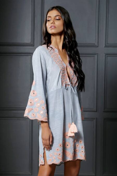 Shop_Nandita Thirani_Blue Cotton, Linen V Neck Embroidered Dress _Online_at_Aza_Fashions