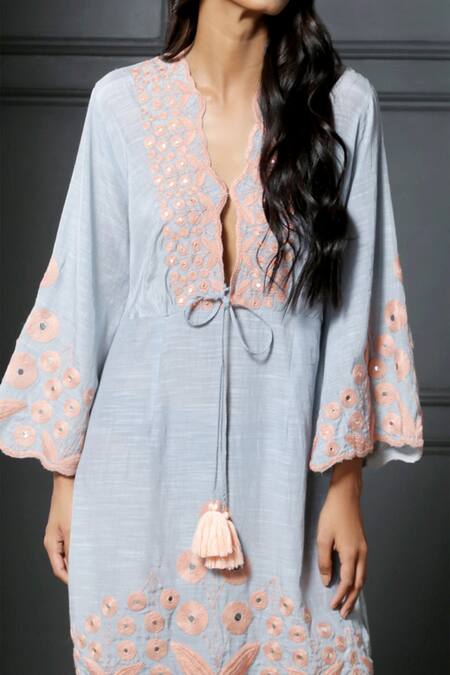 Nandita Thirani_Blue Cotton, Linen V Neck Embroidered Dress _at_Aza_Fashions