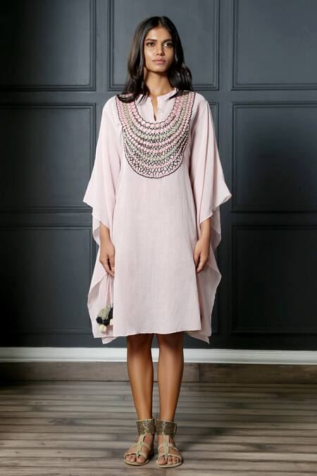 Nandita Thirani_Pink Cotton Muslin Mandarin Collar Embroidered Kaftan Dress _Online_at_Aza_Fashions