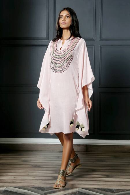 Buy_Nandita Thirani_Pink Cotton Muslin Mandarin Collar Embroidered Kaftan Dress _Online_at_Aza_Fashions