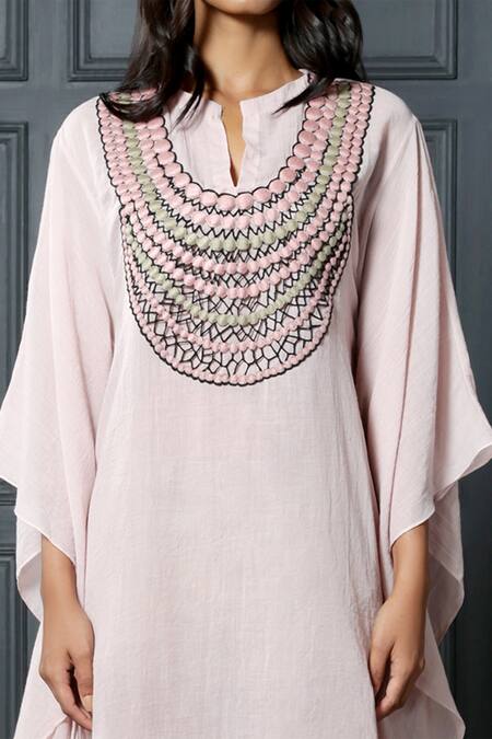 Shop_Nandita Thirani_Pink Cotton Muslin Mandarin Collar Embroidered Kaftan Dress _Online_at_Aza_Fashions