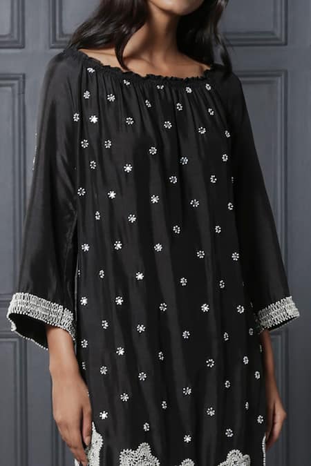Nandita Thirani_Black Muslin Boat Embroidered Dress _Online_at_Aza_Fashions