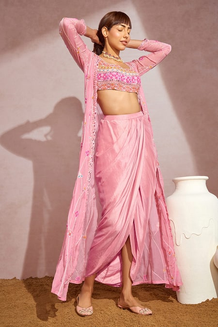 Aneesh Agarwaal_Pink Silk Net, Soft Organza Floral, Mirror Embroidered Jacket And Draped Skirt Set _Online_at_Aza_Fashions