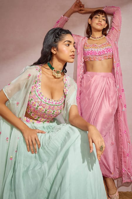 Buy_Aneesh Agarwaal_Pink Silk Net, Soft Organza Floral, Mirror Embroidered Jacket And Draped Skirt Set _Online_at_Aza_Fashions