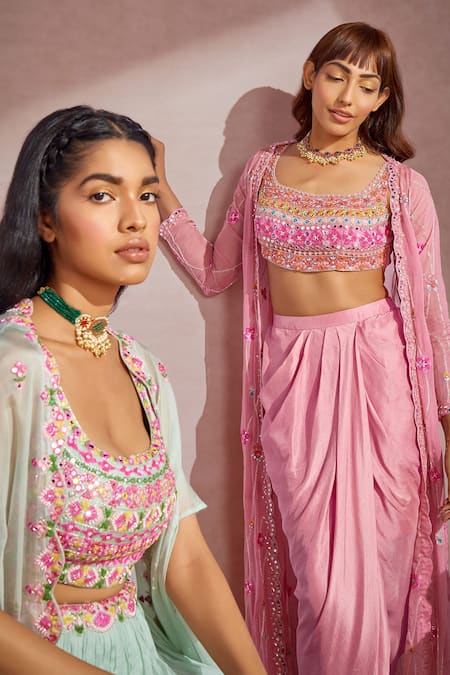 Shop_Aneesh Agarwaal_Pink Silk Net, Soft Organza Floral, Mirror Embroidered Jacket And Draped Skirt Set _Online_at_Aza_Fashions